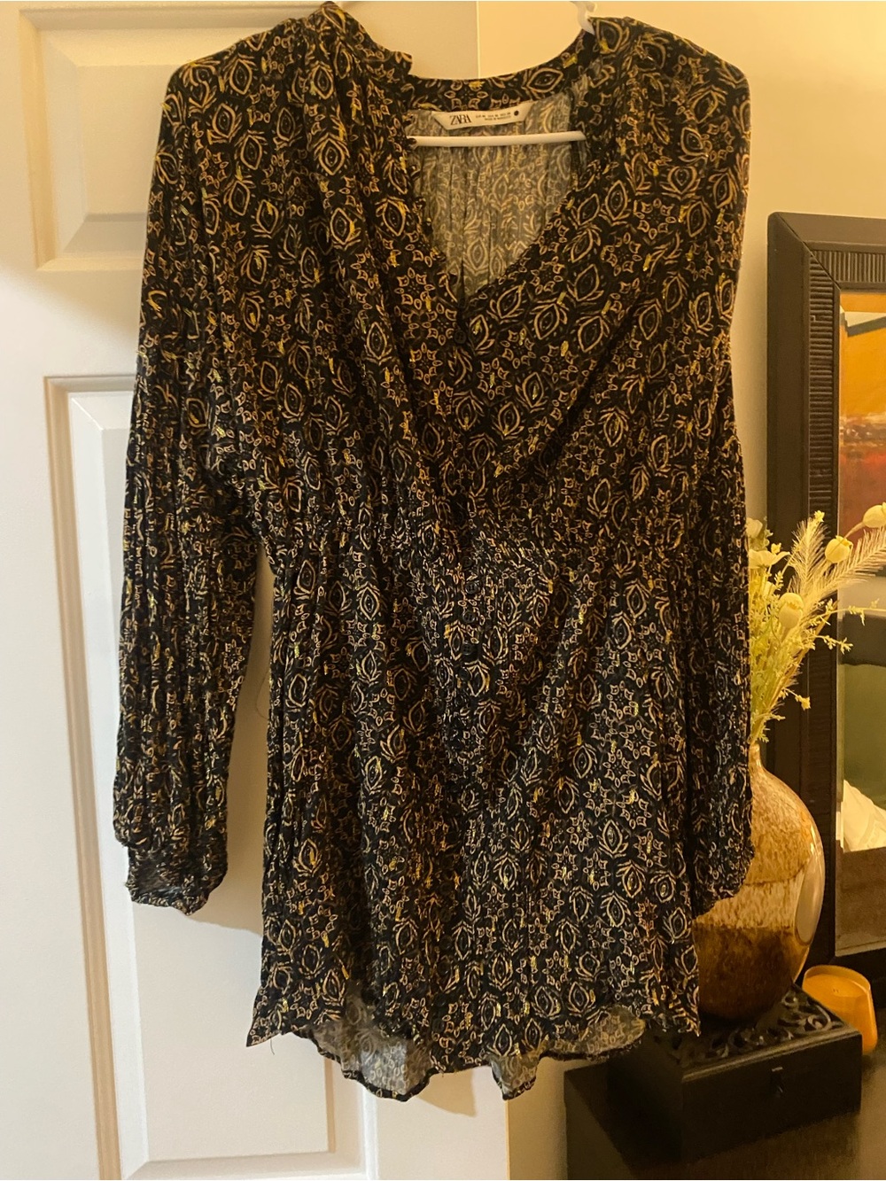 Zara Black Floral Smocked-Waist Long Sleeve Tunic